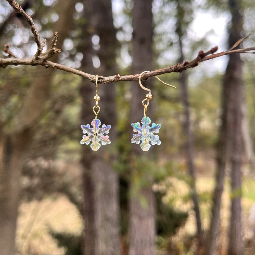 Iridescent Snowflake Drop Dangle Earrings - Gold Stainless Steel